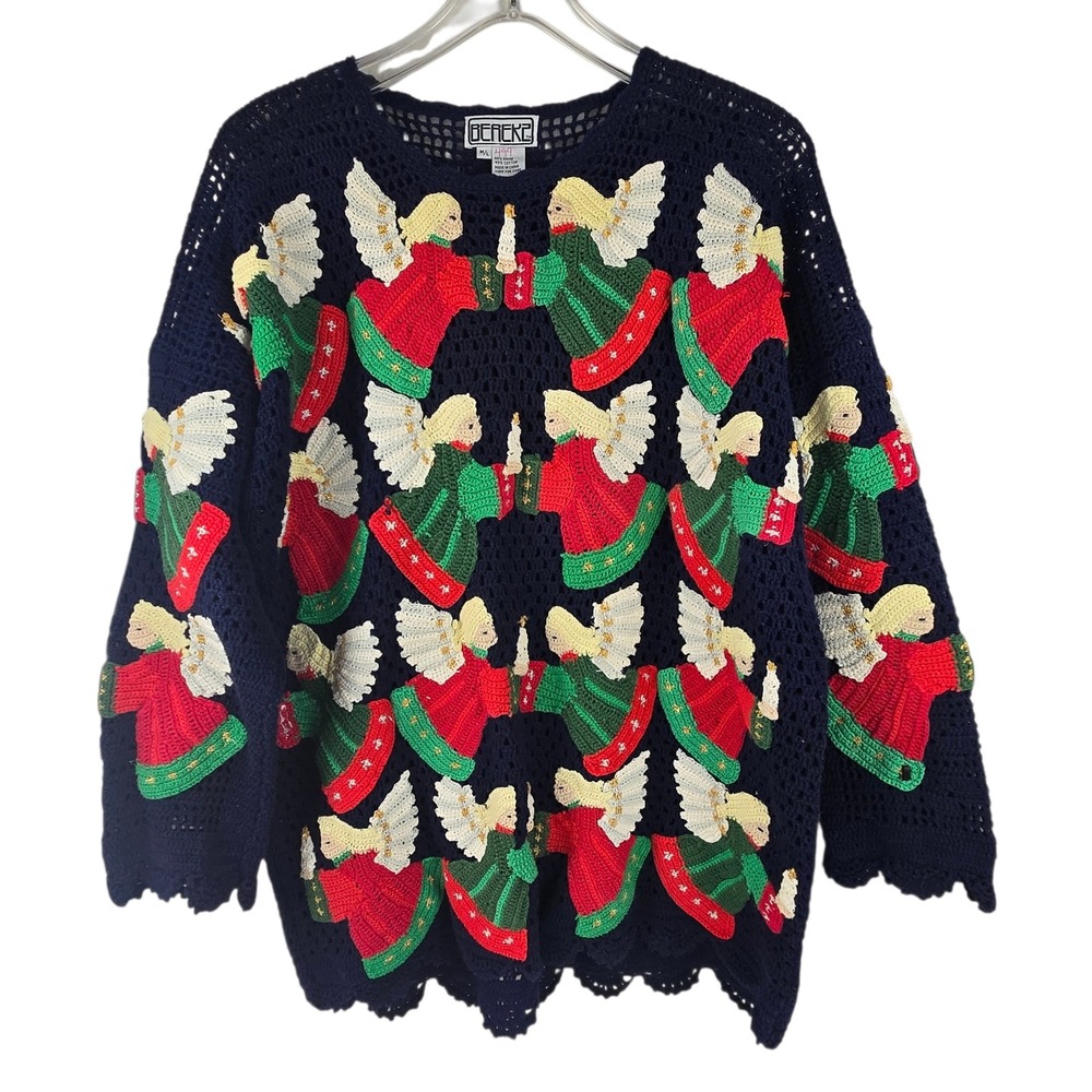 Vintage Berek2 Angel Christmas‎ Crochet Sweater Navy Blue Applique Scalloped M/L